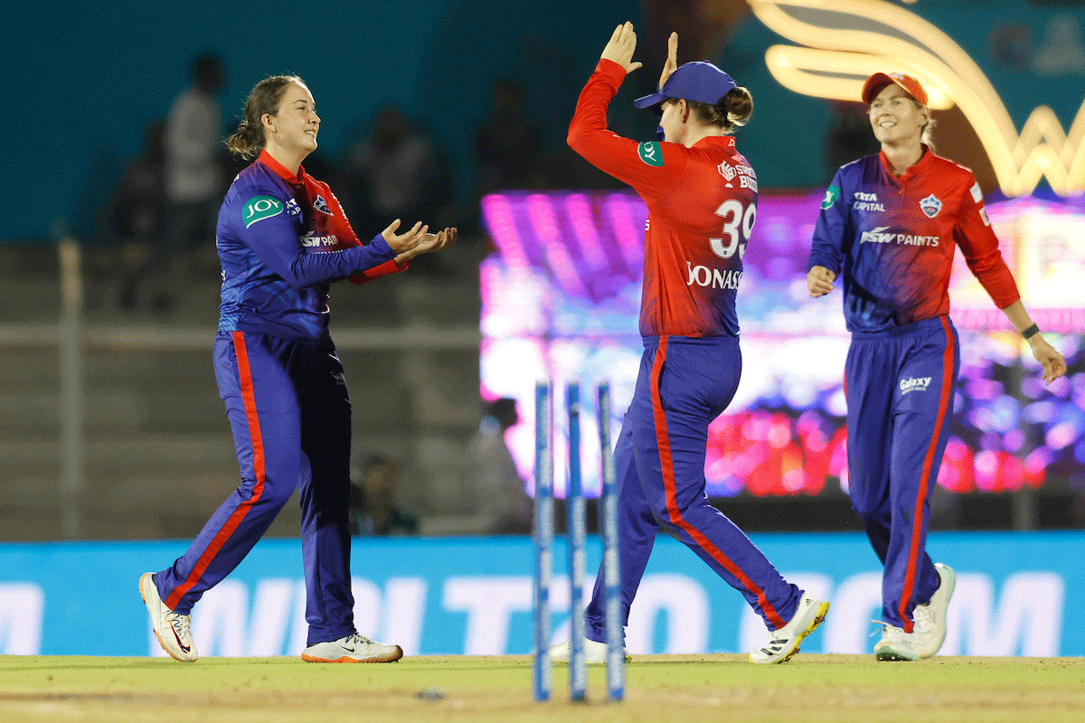 Delhi Capitals' Alice Capsey celebrates the wicket of UP Warriorz's Alyssa Healy