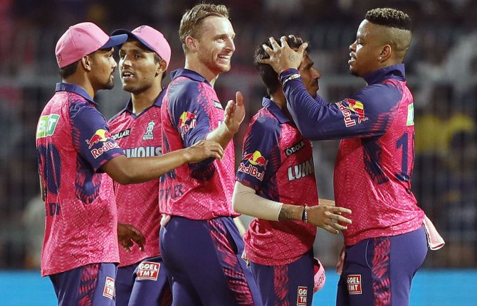 Rajasthan Royals' players celebrate after Yuzvendra Chahal dismissed Nitish Rana to become the highest wicket-taker in the IPL.