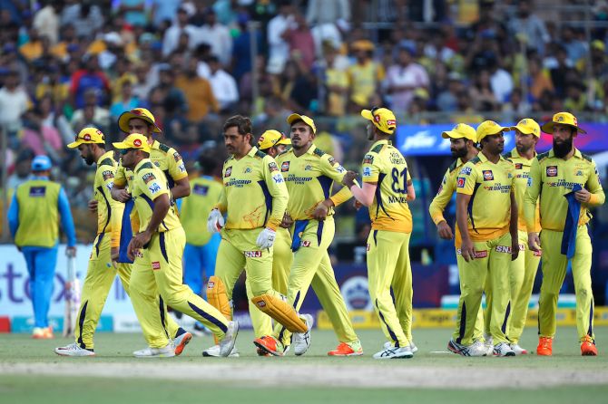 The Chennai Super Kings players during the IPL match against Delhi Capitals in Delhi on Saturday