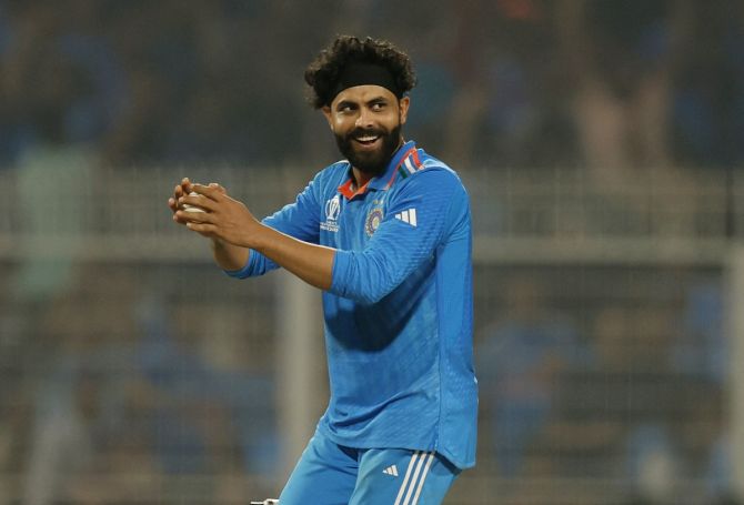 Ravindra Jadeja celebrates his five-wicket-haul after having Kagiso Rabada caught and bowled.