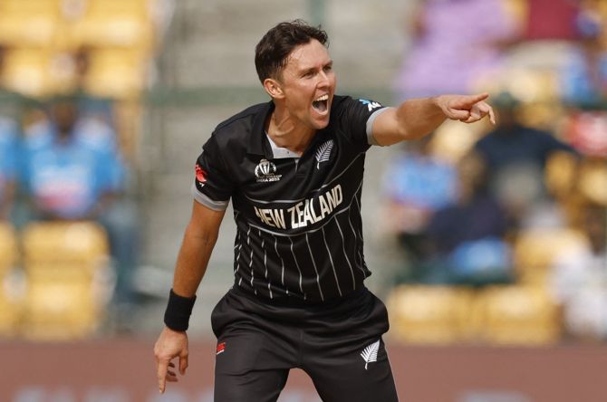 New Zealand pacer Trent Boult successfully appeals for leg before wicket against Sri Lanka's Charith Asalanka during the ICC World Cup match in Bengaluru on Thursday.