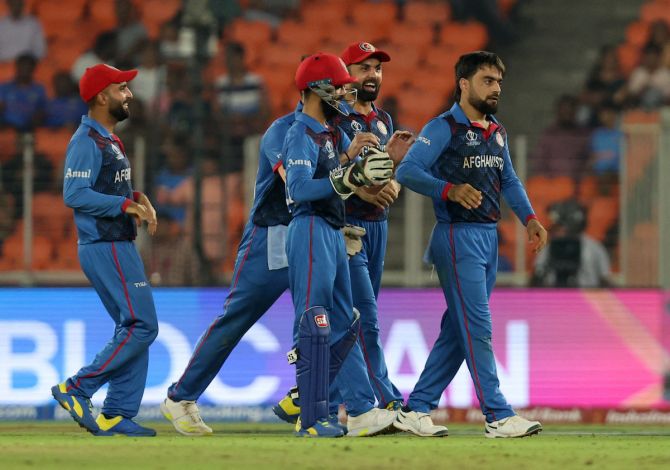 Rashid Khan celebrates with teammates after taking the wicket of Heinrich Klaasen 