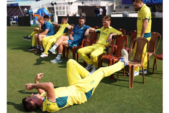 Australia players have a laugh during training on a sunny afternoon in Kolkata on Tuesday
