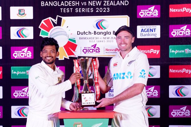 New Zealand captain Tim Southee and Bangladesh captain at the trophy unveiling on Monday