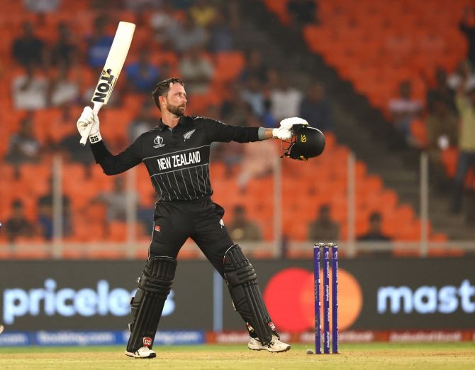 New Zealand opener Devon Conway celebrates scoring a hundred during the opening match of the ICC World Cup at Narendra Modi Stadium, Ahmedabad, on October 5, 2023. 