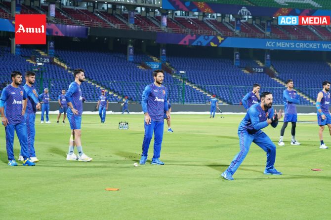 The Afghan cricket team at a practice session in New Delhi on Monday