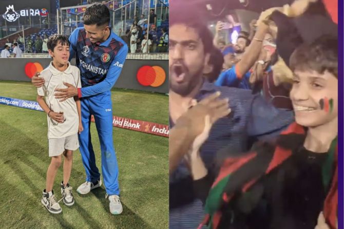 A young fan meets Mujeeb-ur-Rahman after Afghanistan's win over England (left). A sea of Afghanistan supporters at the Arun Jaitley Stadium in New Delhi on Sunday.