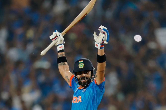 Virat Kohli got to his 48th ODI hundred and got India over the finish line with a six against Bangladesh in their ICC World Cup match in Pune on Thursday