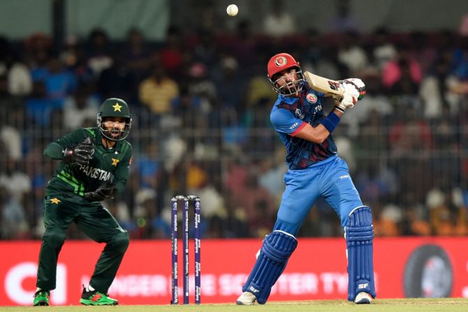 Afghanistan's Ibrahim Zadran in action during his attacking innings