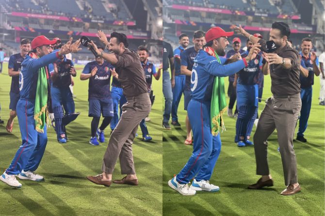 Indian commentator Irfan Pathan does a celebratory dance with Rashid Khan after Afghanistan's win over Pakistan