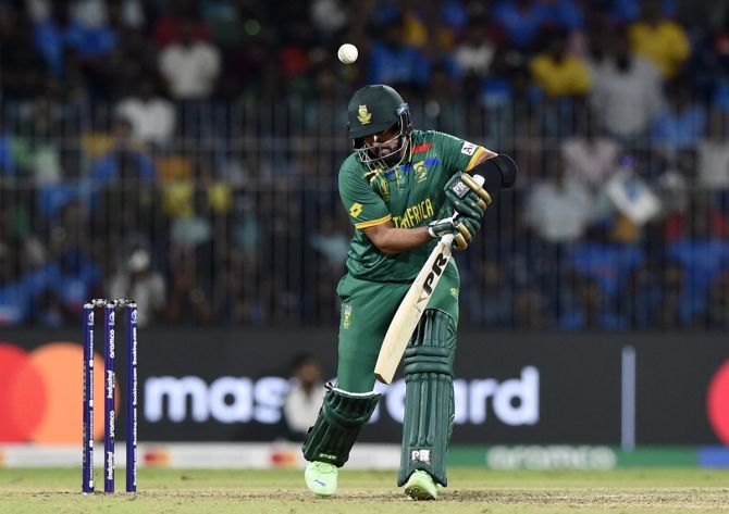 South Africa's Tabraiz Shamsi was adjudged not out by the on-field umpire after a strong appeal for leg before wicket by Pakistan's Haris Rauf during the ICC World Cup match in Chennai on Friday.