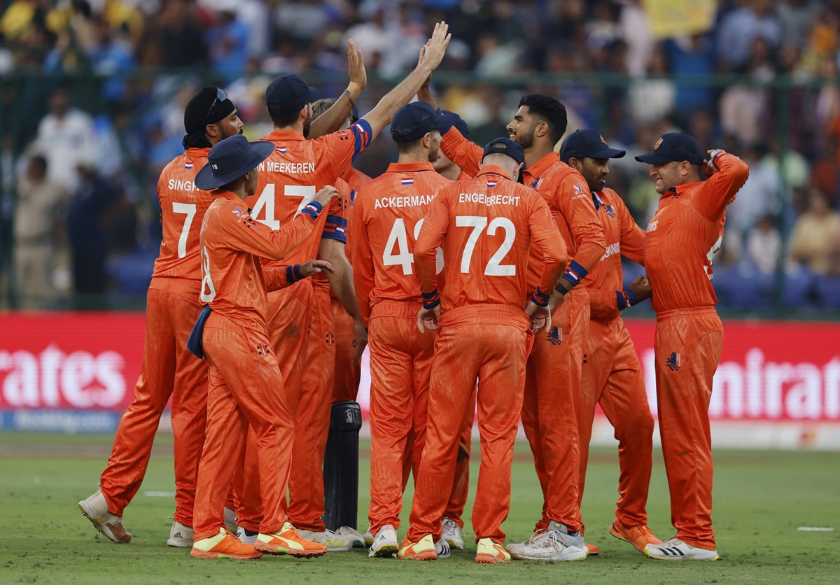 The Netherlands players celebrate a wicket at the World Cup