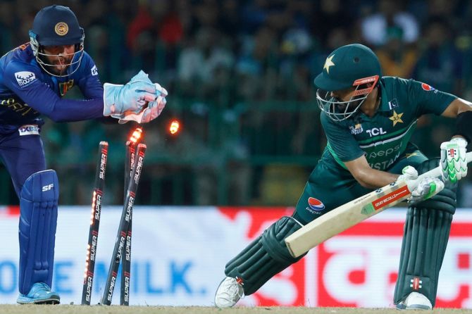 Pakistan skipper Babar Azam is stumped out off the bowling of Dunith Wellalage 