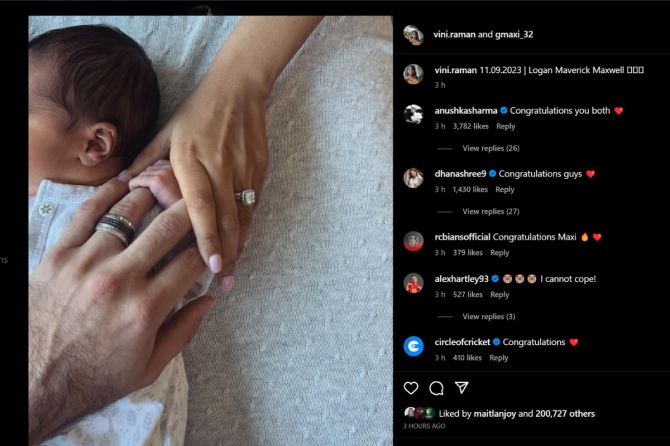 Glenn Maxwell and wife Vini introduced their son Logan Maverick to their Instagram followers on Friday