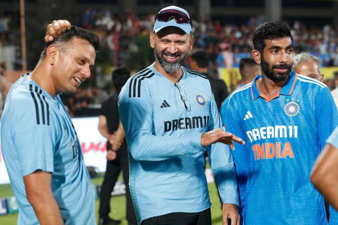 Head Coach Rahul Dravid, bowling coach Paras Mhambrey and Jasprit Bumrah. Dravid is relieved with Bumrah, KL Rahul and Shreyas Iyer getting enough game time to prove their fitness. 
