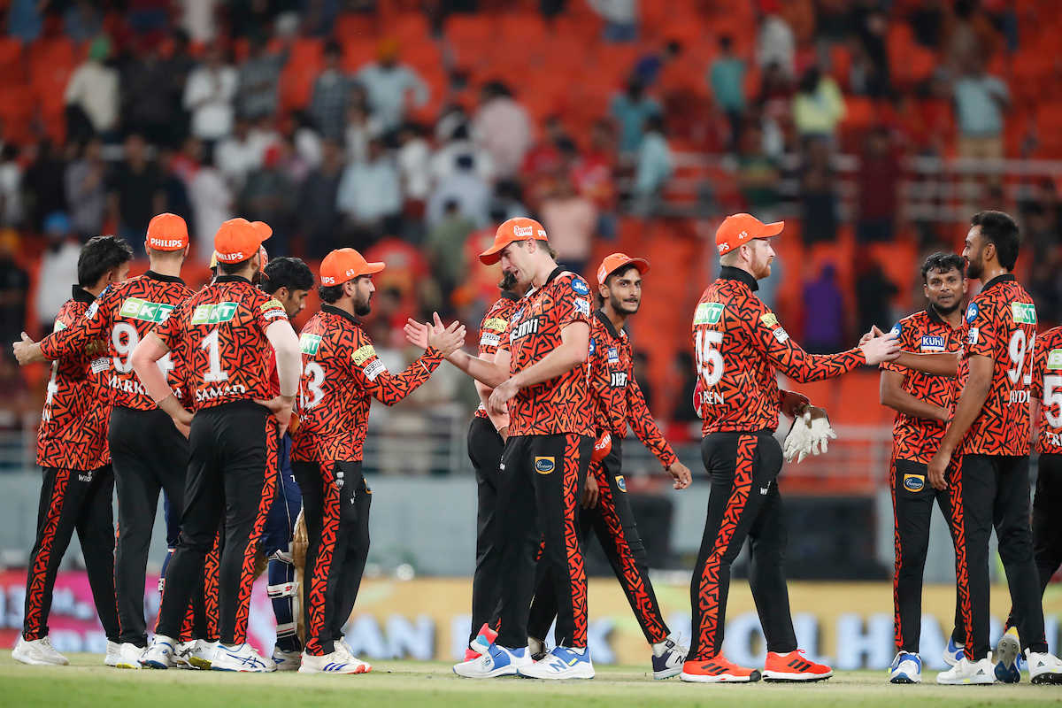 Sunrisers Hyderabad players celebrate a narrow victory over Punjab Kings in the IPL match in Mohali on Tuesday.