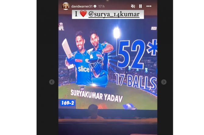 David Warner's Instagram stories appreciating Suryakumar Yadav