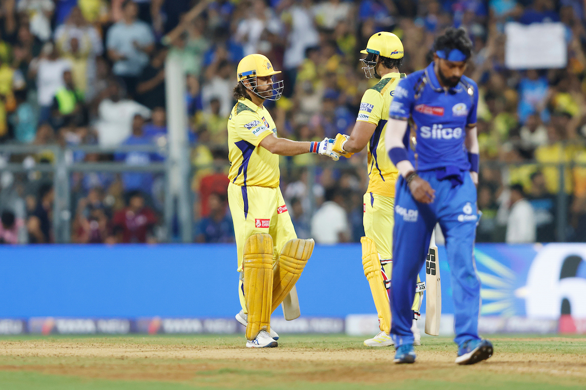 Hardik Pandya was clobbered for three sixes by Mahendra Singh Dhoni in the final over of CSK's innings at the Wankhede on Sunday