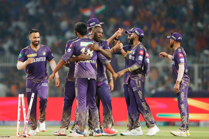 Kolkata Knight Riders players celebrate a last-ball victory over Royal Challengers Bengaluru at the Eden Gardens in Kolkata on Sunday. 