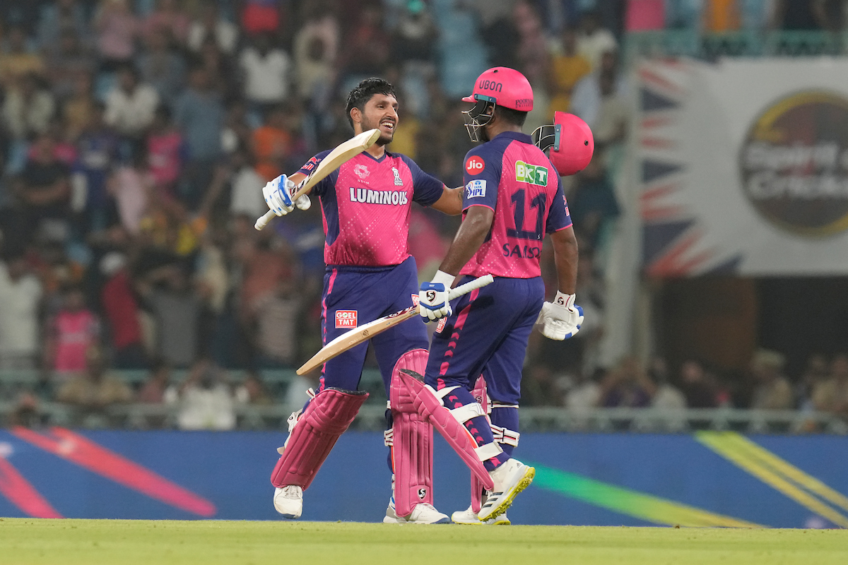 Skipper Sanju Samson and Dhruv Jurel celebrate after Rajasthan Royals complete a seven-wicket victory over Lucknow Super Giants in the IPL match at Lucknow on Saturday evening.