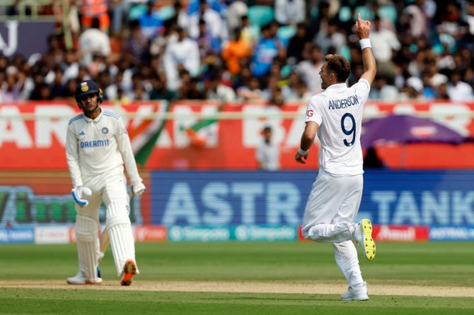 England's James Anderson celebrates after taking the wicket of India's Shubman Gill, caught out by Ben Foakes
