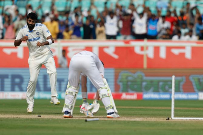 India's Jasprit Bumrah celebrates after taking the wicket of England's Ollie Pope, on Day 2 of the 2nd Test at Dr. Y.S. Rajasekhara Reddy ACA-VDCA Cricket Stadium, Visakhapatnam