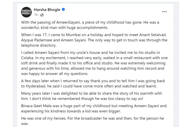 Harsha Bhogle's tribute to Ameen Sayani