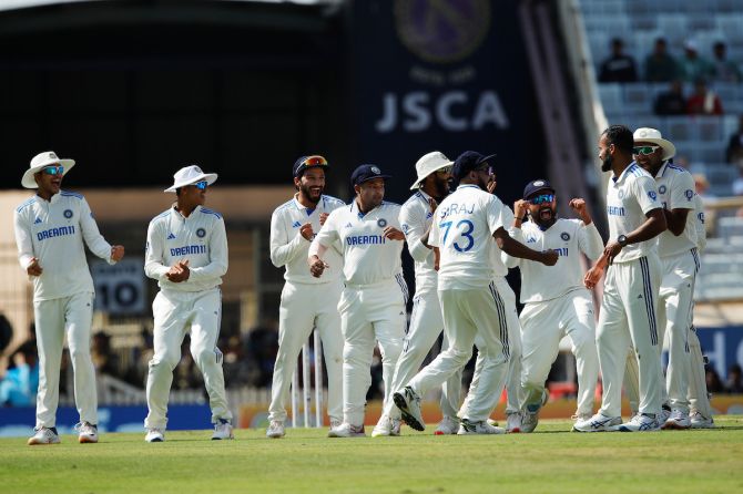 India players celebrate with Akash Deep on picking Ollie Pope