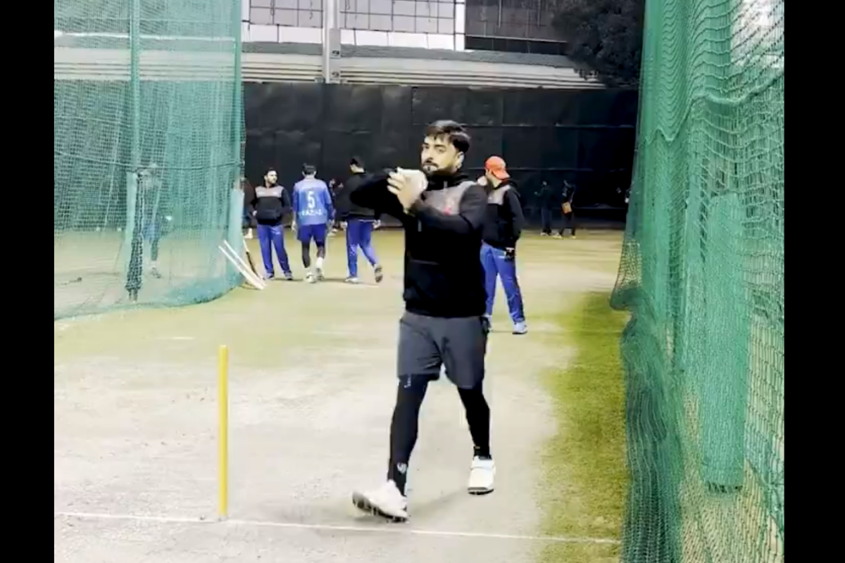 Afghanistan's star spinner Rashid Khan bowls in the nets in Mohali on Tuesday