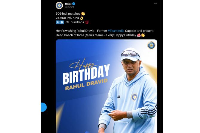 BCCII posts a wish for coach Rahul Dravid