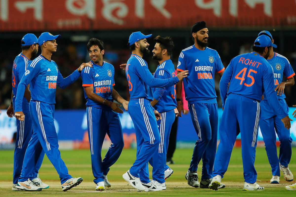 Ravi Bishnoi celebrates with team-mates after taking the wicket of Rahmanullah Gurbaz 