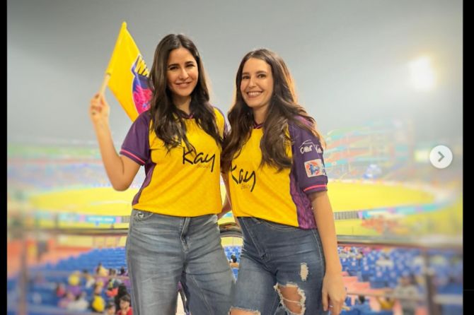 Bollywood star Katrina Kaif and her sister Isabel cheer in the stands, during the WPL match between UP Warriorz and Gujarat Giants in New Delhi on Monday