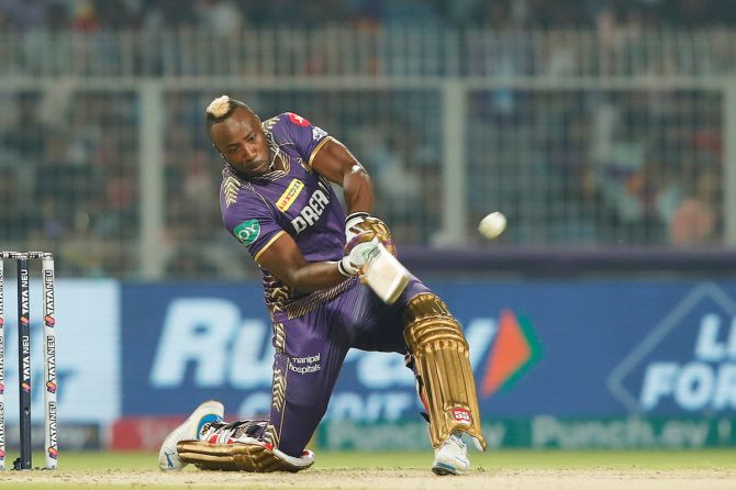 Kolkata Knight Riders batter Andre Russell sends the ball over the boundary during Saturday's IPL match against Sunrisers Hyderabad at the Eden Gardens, in Kolkata.