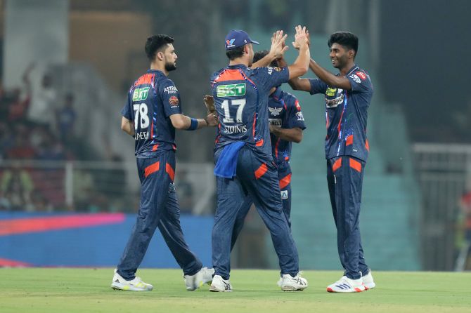 Lucknow Super Giants pacer Mayank Yadav celebrates with teammates after dismissing Punjab Kings batter Jitesh Sharma in the Indian Premier League match in Lucknow on Saturday.