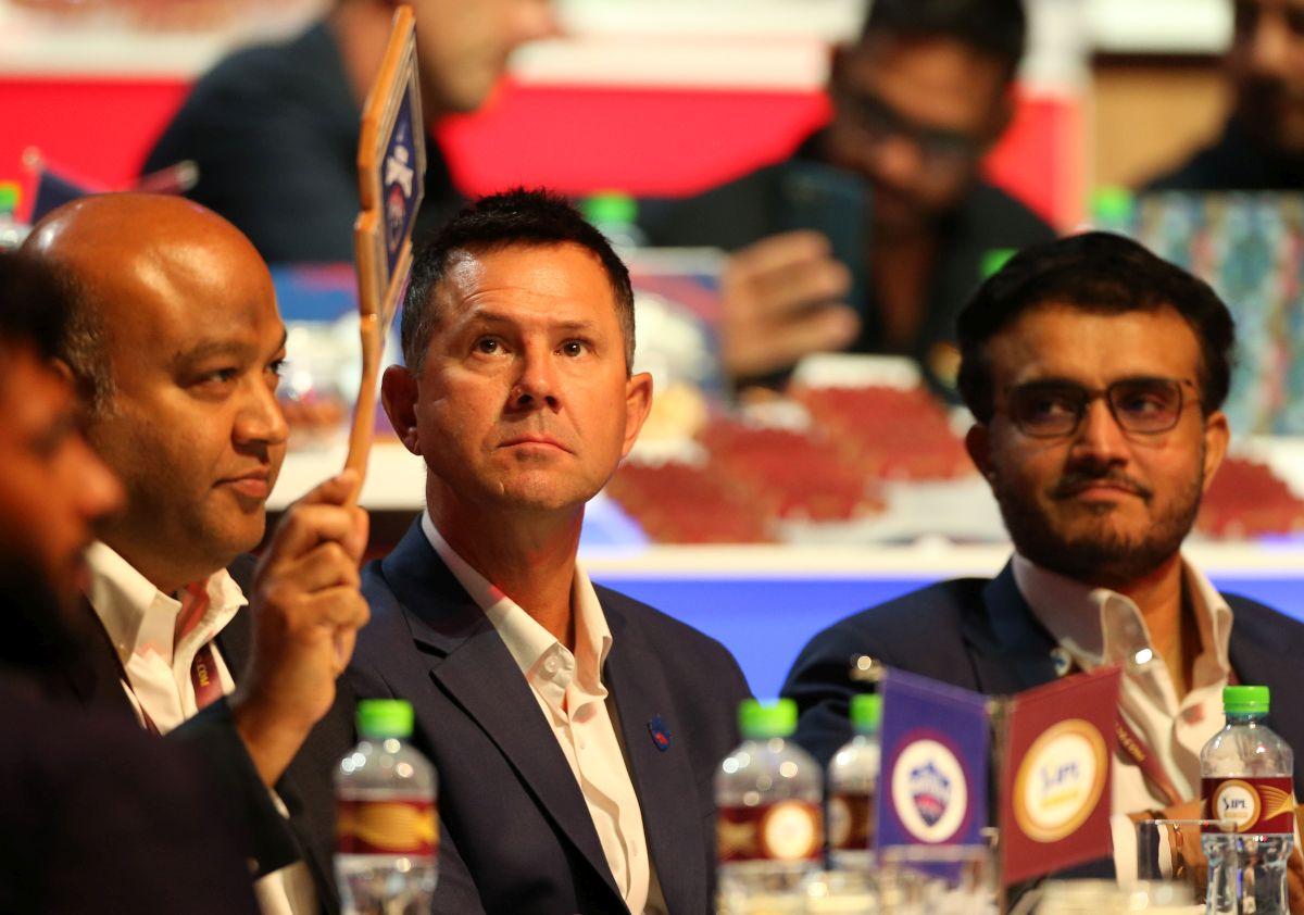 Delhi Capitals co-owner Kiran Kumar Grandhi with head coach Ricky Ponting and Director of Cricket Sourav Ganguly