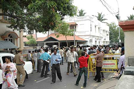 A crowded Gopalapuram, Karunanidhi's residence, in Chennai on Saturday