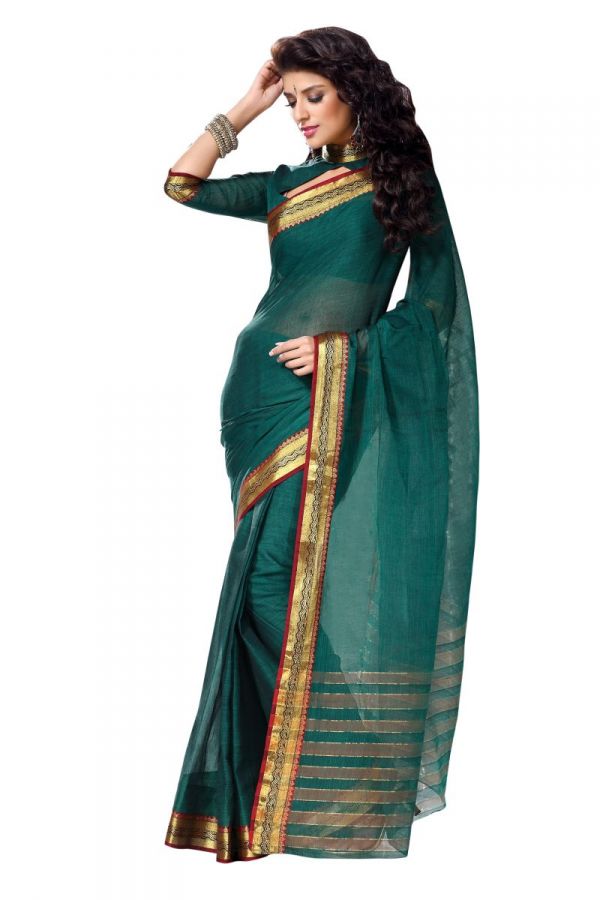 Green Cotton Sarees With Zari Border