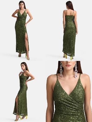 kazo green embellished wrap maxi dress