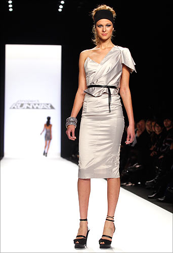 A model presents a creation during the Project Runway show during New York Fashion Week, February 20, 2009.