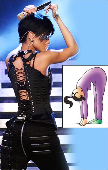 Bend forward and stretch so you'll do justice to tight pants like Rihanna's