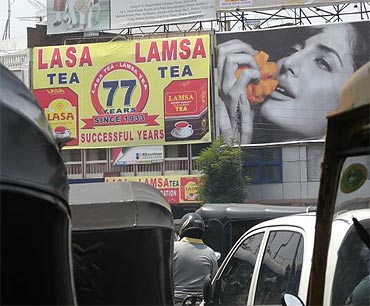 The 77-year-old tea brand hoarding stands proudly next to the seductive Katrina Kaif.
