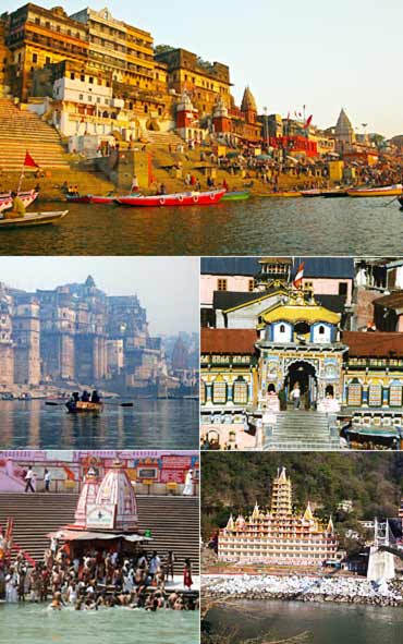 Clockwise from top: Varanasi, Badrinath, Rishikesh, Haridwar and Allahabad