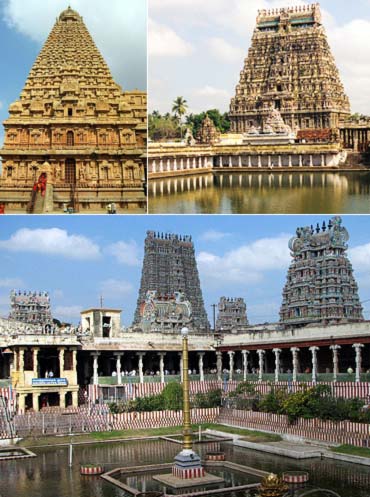 Brihadeeswara Temple (top left), Chidambaram Temple (top right) and Meenakshi Sundareswara Temple