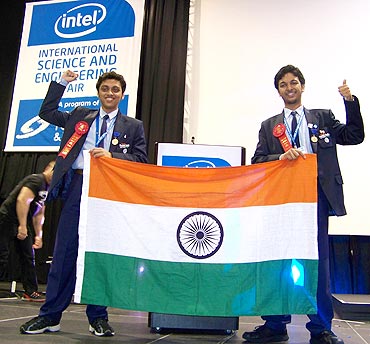 Anish Mukherjee (L) and Debarghya Sarkar at the International Science and Engineering Fair