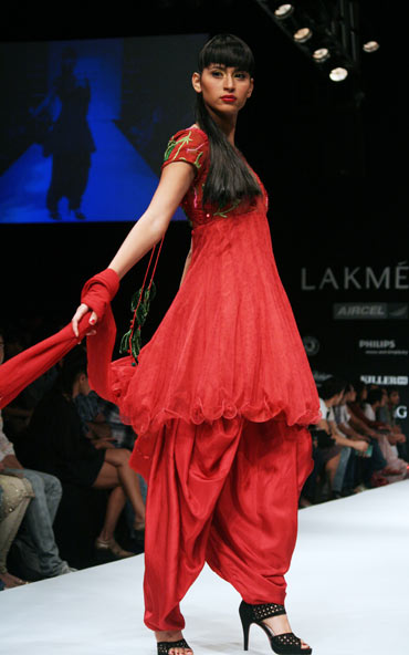 A model showcases a creation by Debarun Mukherjee