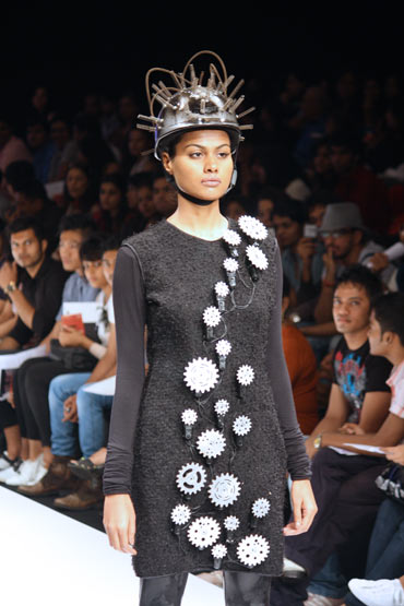 A model showcases a creation by Vivek Kumar