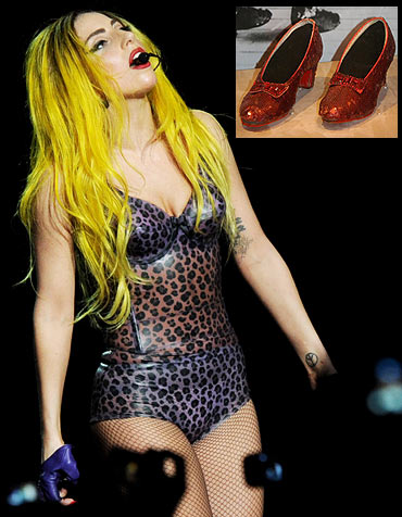 Lady Gaga and (inset) Judy Garland's ruby slippers