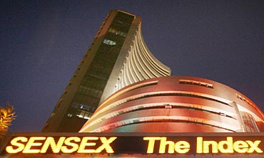 The illuminated Bombay Stock Exchange building is seen during Diwali