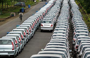 New cars awaiting despatch at Tata Motor's plant in Pune