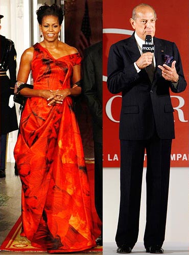 Michelle Obama in her Alexander McQueen gown and (right), Oscar De La Renta